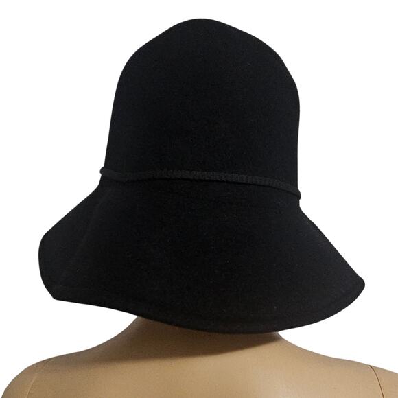 1990s Helen Kaminski Black Merino Wool Cloche Hat Cotton Rope Hatband Size L main image 4